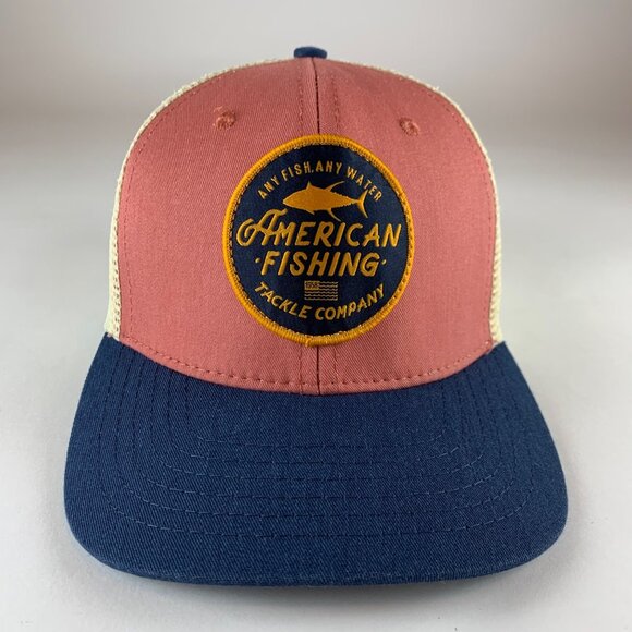 AFTCO Mens Pink Navy Blue Beige Snapback Trucker Hat - Picture 2 of 4